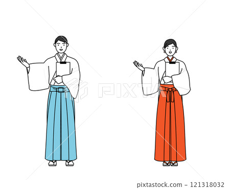 神官和巫女拿著寫字板,張開雙手 神官和巫女拿著寫字板,張開雙手 121318032