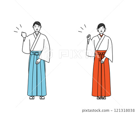 A shrine priest and shrine maiden doing a fist pump 121318038