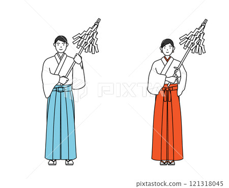 A priest and a shrine maiden offering a prayer A priest and a shrine maiden offering a prayer 121318045