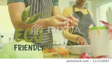 Image of eco friendly text over diverse couple preparing healthy meal in kitchen 121318087