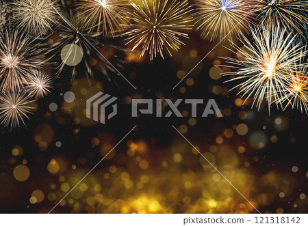 Fireworks with bokeh lights with copy space for text. Happy New Year holidays background 121318142