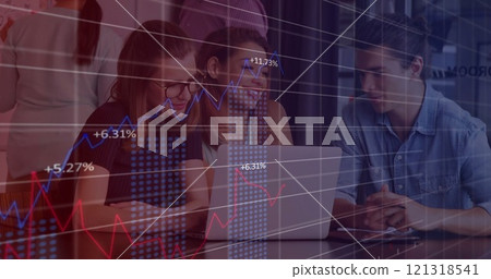 Image of financial data processing over diverse colleagues discussing work in office 121318541