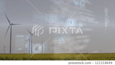 Wind turbines in field with futuristic data processing image over landscape 121318649