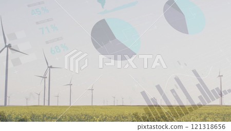Wind turbines in field with pie charts and graphs, renewable energy data analysis image Wind turbines in field with pie charts and graphs, renewable energy data analysis image 121318656