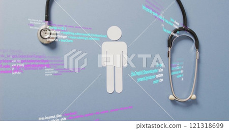 Medical data and coding over image of stethoscopes and human figure 121318699