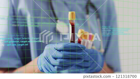 Holding test tubes, gloved hand with medical data processing image over laboratory background 121318700