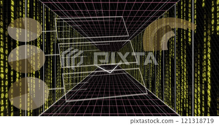 Digital grid and binary code image over abstract tunnel Digital grid and binary code image over abstract tunnel 121318719