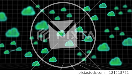 Image of email icon, data processing and clouds over dark background Image of email icon, data processing and clouds over dark background 121318721