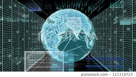Image of globe with data charts and coding, representing global data processing Image of globe with data charts and coding, representing global data processing 121318723