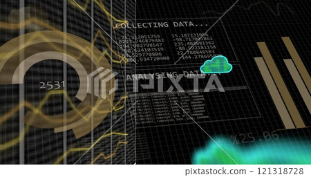 Image of data processing and clouds over dark background 121318728