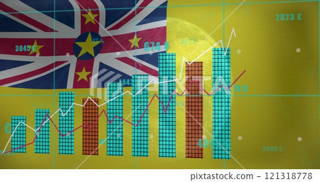 Financial data and currency image over flag of Niue and moon background 121318778