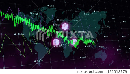 Financial data and stock market chart image over world map background Financial data and stock market chart image over world map background 121318779