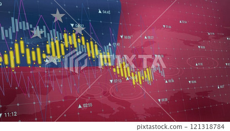 Financial data and stock market image over Samoa flag background with world map 121318784