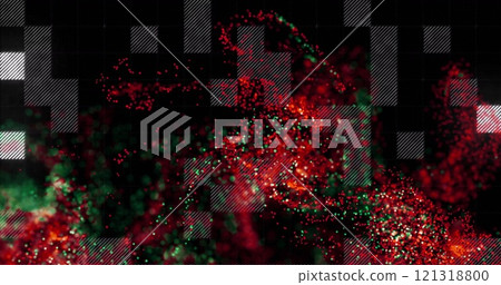 Red and green particle image over dark grid background 121318800