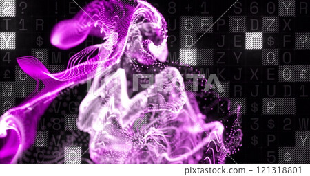 Purple and white particle waves image over black background with letters and symbols 121318801