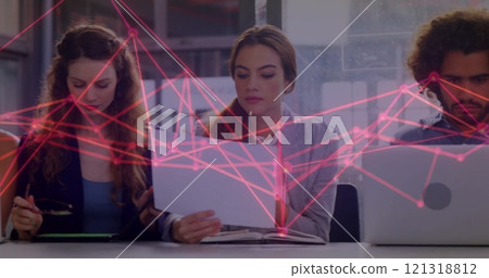 Image of connections and data processing over diverse business people in office 121318812