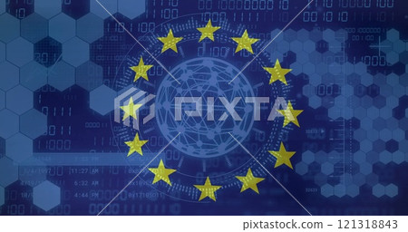 Image of, European Union stars over digital network and binary code background Image of, European Union stars over digital network and binary code background 121318843