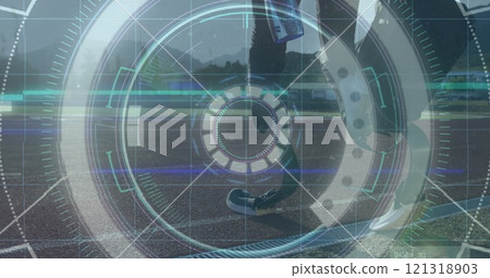 Futuristic targeting system image over person riding bicycle on road 121318903