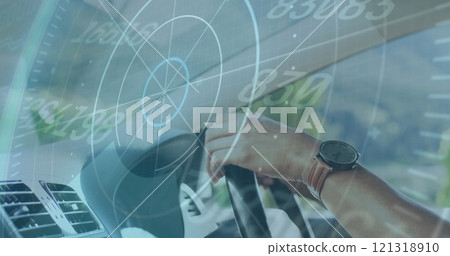 Driving car, hands on steering wheel with speedometer image overlay Driving car, hands on steering wheel with speedometer image overlay 121318910