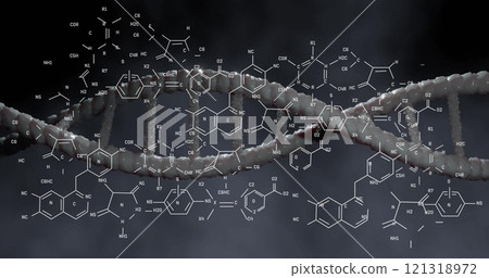 Image of chemical formula and dna strand on gray background Image of chemical formula and dna strand on gray background 121318972