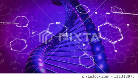 Image of chemical formula and dna strand on blue background Image of chemical formula and dna strand on blue background 121318975