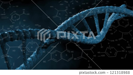 Image of chemical formula and dna strand on black background Image of chemical formula and dna strand on black background 121318988