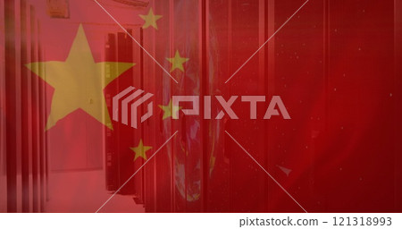 Image of flag of china and digital data processing over computer servers 121318993