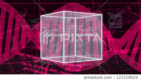 Image of cube, digital data processing over dna stand 121319029