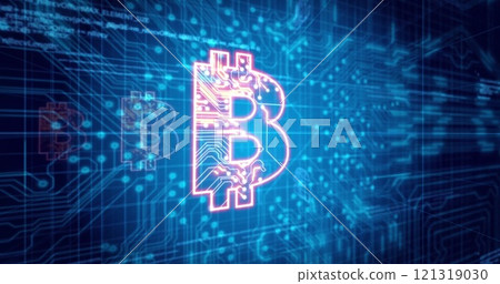 Image of data processing and bitcoin icons over connections 121319030