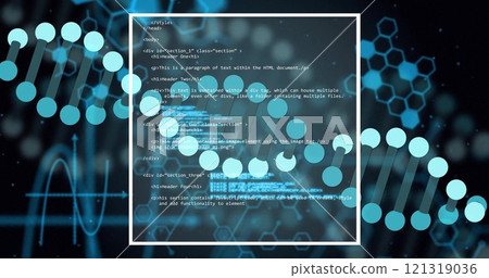 Programming code and molecular structure image over digital interface background Programming code and molecular structure image over digital interface background 121319036