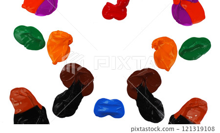 Playful Palette - Blobs of vibrant paint in red, orange, green, purple, black, and blue are arranged in a playful, symmetric pattern on a white canvas. Playful Palette - Blobs of vibrant paint in red, orange, green, purple, black, and blue are arranged in a playful, symmetric pattern on a white canvas. 121319108