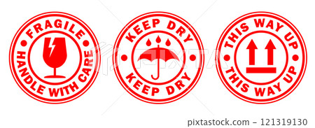 Fragile round circle stamp sticker icon symbol set. Handle with care logo sign. Keep dry, This way up. Vector illustration image. Isolated on white background. Fragile round circle stamp sticker icon symbol set. Handle with care logo sign. Keep dry, This way up. Vector illustration image. Isolated on white background. 121319130