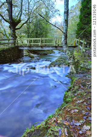 Wooden Bridge over Bayones River in Ucieda, Cabuerniga Valley , Cantabria. 121319146