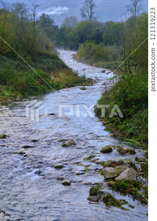 Serene flow of the Saja River through the lush Cabuerniga Valley landscape. 121319223