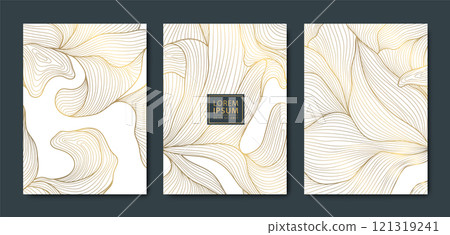 Vector set of floral art deco backgrounds, leaf flower patterns, gold line plant textures, posters, japanese elegant cards. 121319241