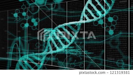 Image of digital data processing over dna stand and grid 121319381