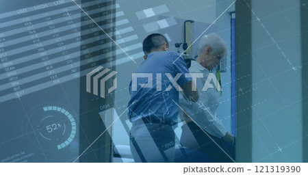 Image of financial data processing over diverse male doctor and senior female patient Image of financial data processing over diverse male doctor and senior female patient 121319390