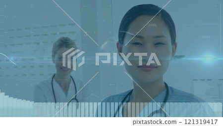 Medical data analysis image over doctors in hospital setting 121319417