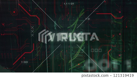 Image of virus text over data processing and server room Image of virus text over data processing and server room 121319419