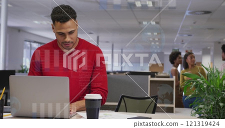 Image of financial data processing over biracial businessman using laptop in office Image of financial data processing over biracial businessman using laptop in office 121319424