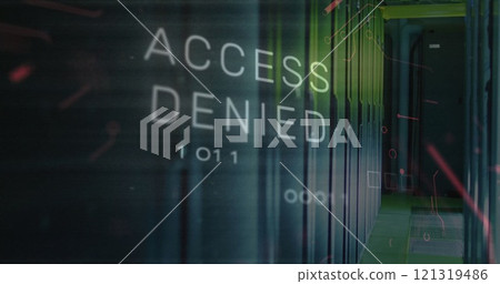 Image of access denied text over data processing and server room Image of access denied text over data processing and server room 121319486