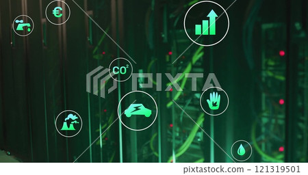 Image of eco icons and digital data processing over computer servers 121319501