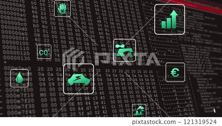Image of eco icons and digital data processing over computer servers Image of eco icons and digital data processing over computer servers 121319524