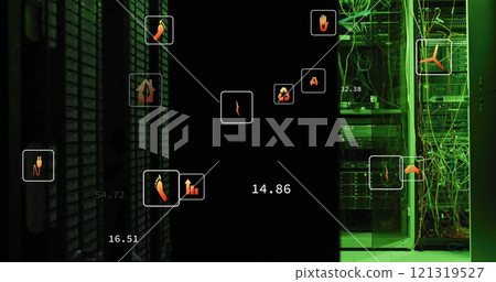 Image of eco icons and digital data processing over computer servers 121319527