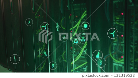 Image of eco icons and digital data processing over computer servers 121319528