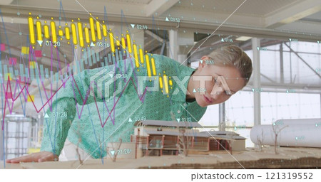 Image of mathematical equations and financial data processing over caucasian female architect Image of mathematical equations and financial data processing over caucasian female architect 121319552