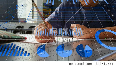 Image of mathematical equations and financial data processing over asian schoolboy Image of mathematical equations and financial data processing over asian schoolboy 121319553