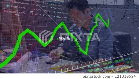 Image of mathematical equations and financial data processing over asian male architect Image of mathematical equations and financial data processing over asian male architect 121319554