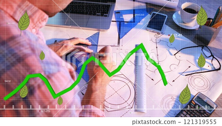 Image of leaves and financial data processing over biracial male architect Image of leaves and financial data processing over biracial male architect 121319555