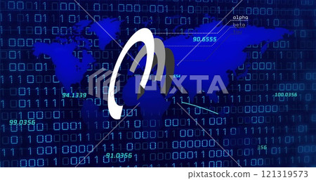 Image of circles and world map over data processing and binary coding on black background Image of circles and world map over data processing and binary coding on black background 121319573